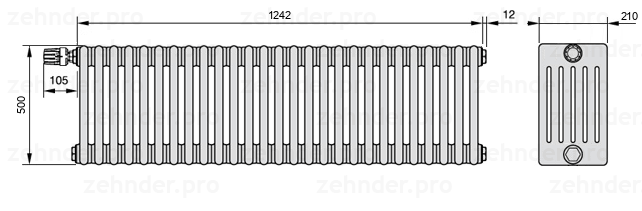 Схема (чертеж) Радиатор Zehnder Charleston 6050/27 №V012 Белый глянцевый RAL 9016